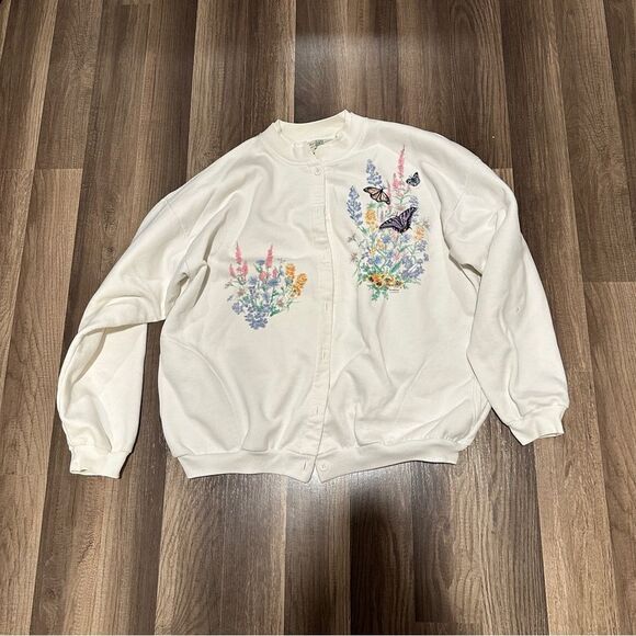 Orvis Women's White button down sweatshirt with Floral Embroidery M - Picture 1 of 12